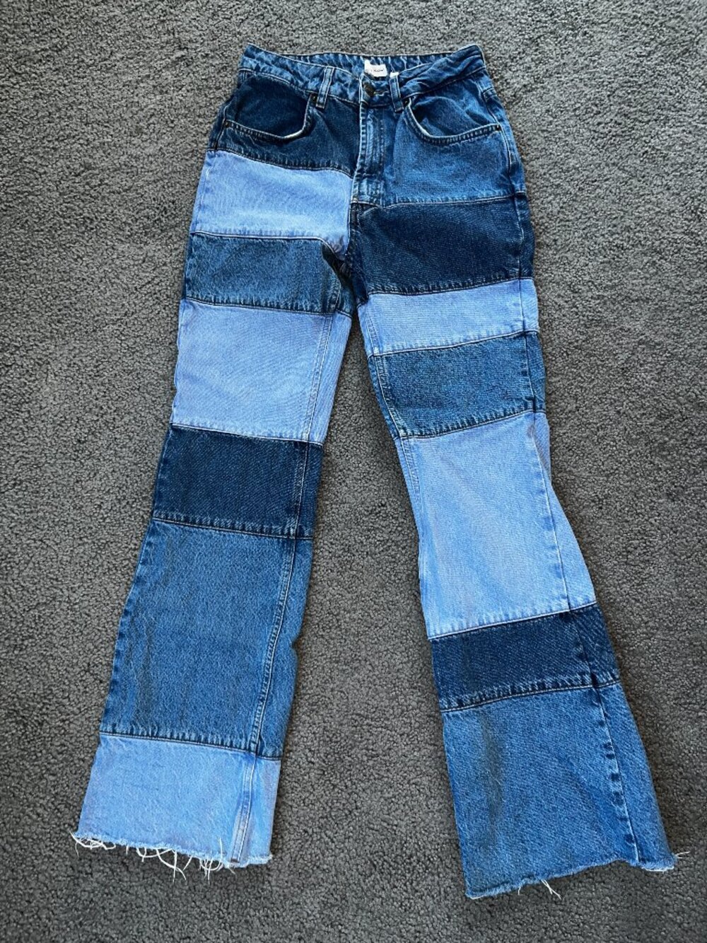 Y2K Subdued Patchwork Colorblock Soft Flare Denim Jeans Raw Hem High Waist - 28